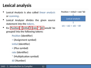 Unit – 1 : Introduction to Compiler Darshan Institute of Engineering & Technology
12
Lexical analysis
Position = initial + rate*60
Lexical analysis
id1
 Lexical Analysis is also called linear analysis
or scanning.
 Lexical Analyzer divides the given source
statement into the tokens.
 Ex: Position = initial + rate * 60 would be
grouped into the following tokens:
Position (identifier)
= (Assignment symbol)
initial (identifier)
+ (Plus symbol)
rate (identifier)
* (Multiplication symbol)
60 (Number)
= id2 + id3 * 60
 
