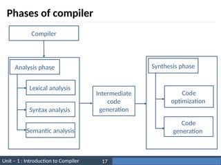 Unit – 1 : Introduction to Compiler Darshan Institute of Engineering & Technology
17
Phases of compiler
Compiler
Analysis phase Synthesis phase
Lexical analysis
Syntax analysis
Semantic analysis
Intermediate
code
generation
Code
optimization
Code
generation
 