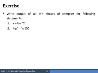 Unit – 1 : Introduction to Compiler Darshan Institute of Engineering & Technology
24
Exercise
 Write output of all the phases of compiler for following
statements:
1. x = b-c*2
2. I=p*n*r/100
 