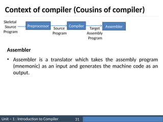 Unit – 1 : Introduction to Compiler Darshan Institute of Engineering & Technology
31
Context of compiler (Cousins of compiler)
Preprocessor Compiler Assembler
Skeletal
Source
Program
Source
Program
Target
Assembly
Program
• Assembler is a translator which takes the assembly program
(mnemonic) as an input and generates the machine code as an
output.
Assembler
 