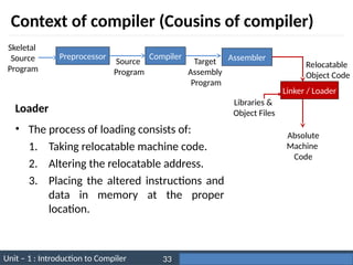 Unit – 1 : Introduction to Compiler Darshan Institute of Engineering & Technology
33
Context of compiler (Cousins of compiler)
Preprocessor Compiler Assembler
Skeletal
Source
Program
Source
Program
Target
Assembly
Program
Relocatable
Object Code
Absolute
Machine
Code
Libraries &
Object Files
• The process of loading consists of:
1. Taking relocatable machine code.
2. Altering the relocatable address.
3. Placing the altered instructions and
data in memory at the proper
location.
Loader
Linker / Loader
 