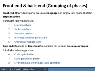 Unit – 1 : Introduction to Compiler Darshan Institute of Engineering & Technology
34
Front end & back end (Grouping of phases)
Front end: Depends primarily on source language and largely independent of the
target machine.
It includes following phases:
1. Lexical analysis
2. Syntax analysis
3. Semantic analysis
4. Intermediate code generation
5. Creation of symbol table
Back end: Depends on target machine and do not depend on source program.
It includes following phases:
6. Code optimization
7. Code generation phase
8. Error handling and symbol table operation
 