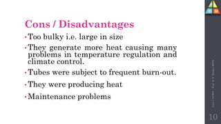 Cons / Disadvantages
• Too bulky i.e. large in size
• They generate more heat causing many
problems in temperature regulation and
climate control.
• Tubes were subject to frequent burn-out.
• They were producing heat
• Maintenance problems
Unit-1
CCWT
:
Prof.
D.
P.
Mishra
BITD
10
 