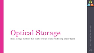 Optical Storage
It is a storage medium that can be written to and read using a laser beam.
Unit-1
CCWT
:
Prof.
D.
P.
Mishra
BITD
24
 