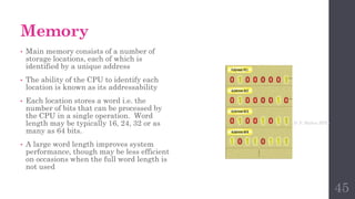 Memory
• Main memory consists of a number of
storage locations, each of which is
identified by a unique address
• The ability of the CPU to identify each
location is known as its addressability
• Each location stores a word i.e. the
number of bits that can be processed by
the CPU in a single operation. Word
length may be typically 16, 24, 32 or as
many as 64 bits.
• A large word length improves system
performance, though may be less efficient
on occasions when the full word length is
not used
Unit-1 CCWT : Prof. D. P. Mishra BITD
45
 