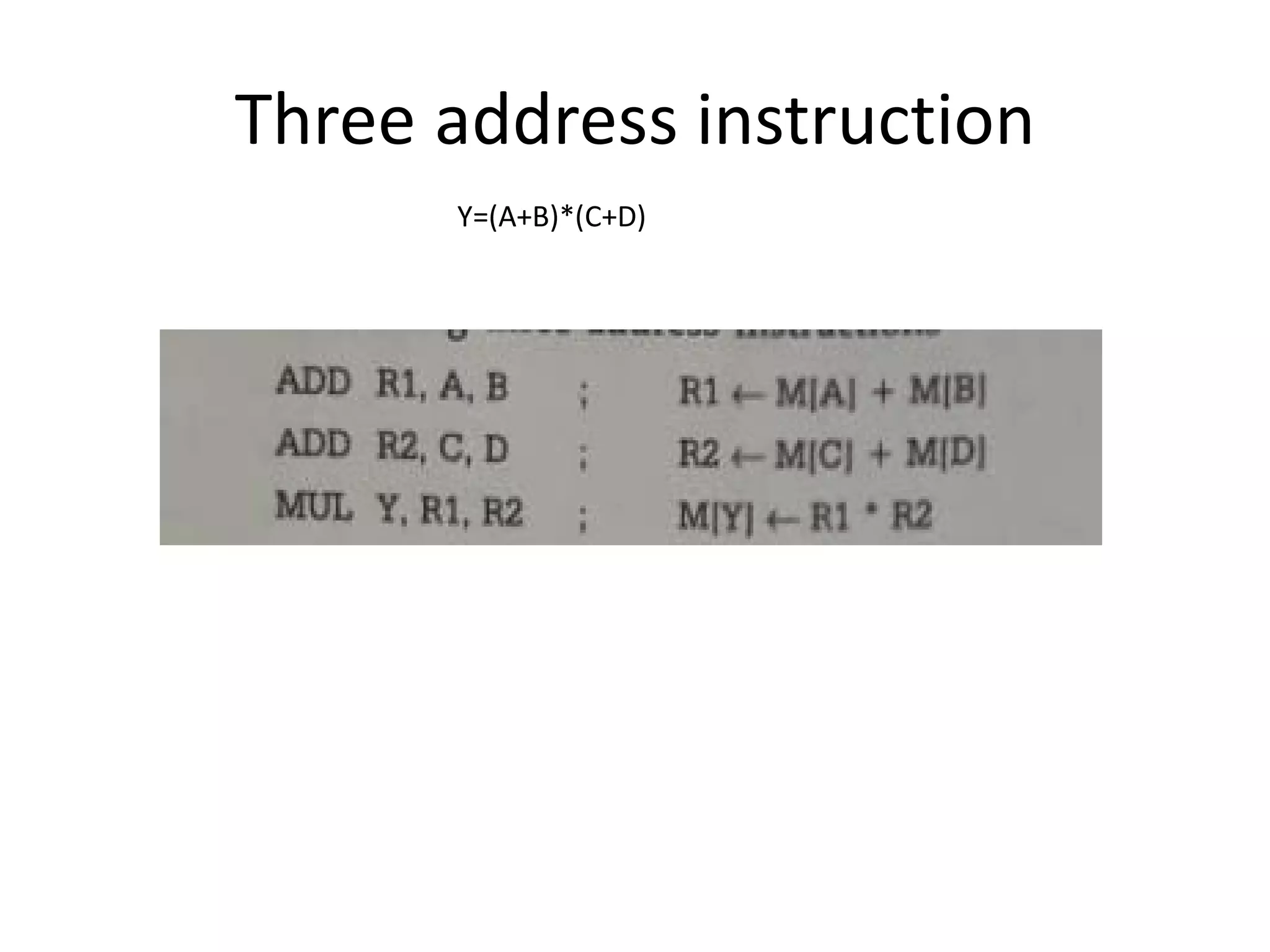 Three address instruction
Y=(A+B)*(C+D)
 