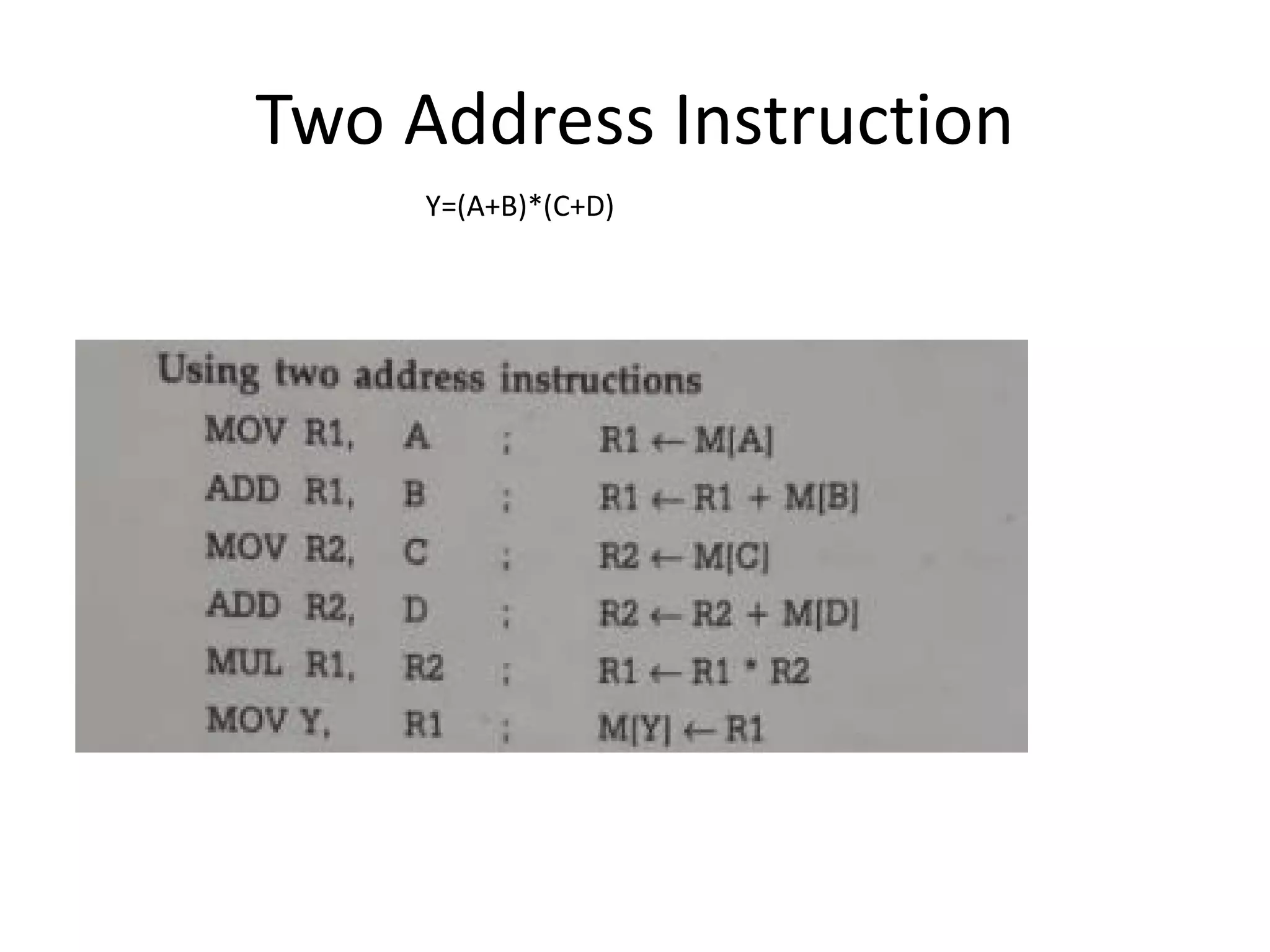 Two Address Instruction
Y=(A+B)*(C+D)
 