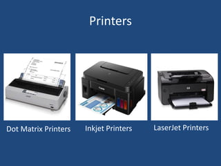 Printers
Dot Matrix Printers Inkjet Printers LaserJet Printers
 