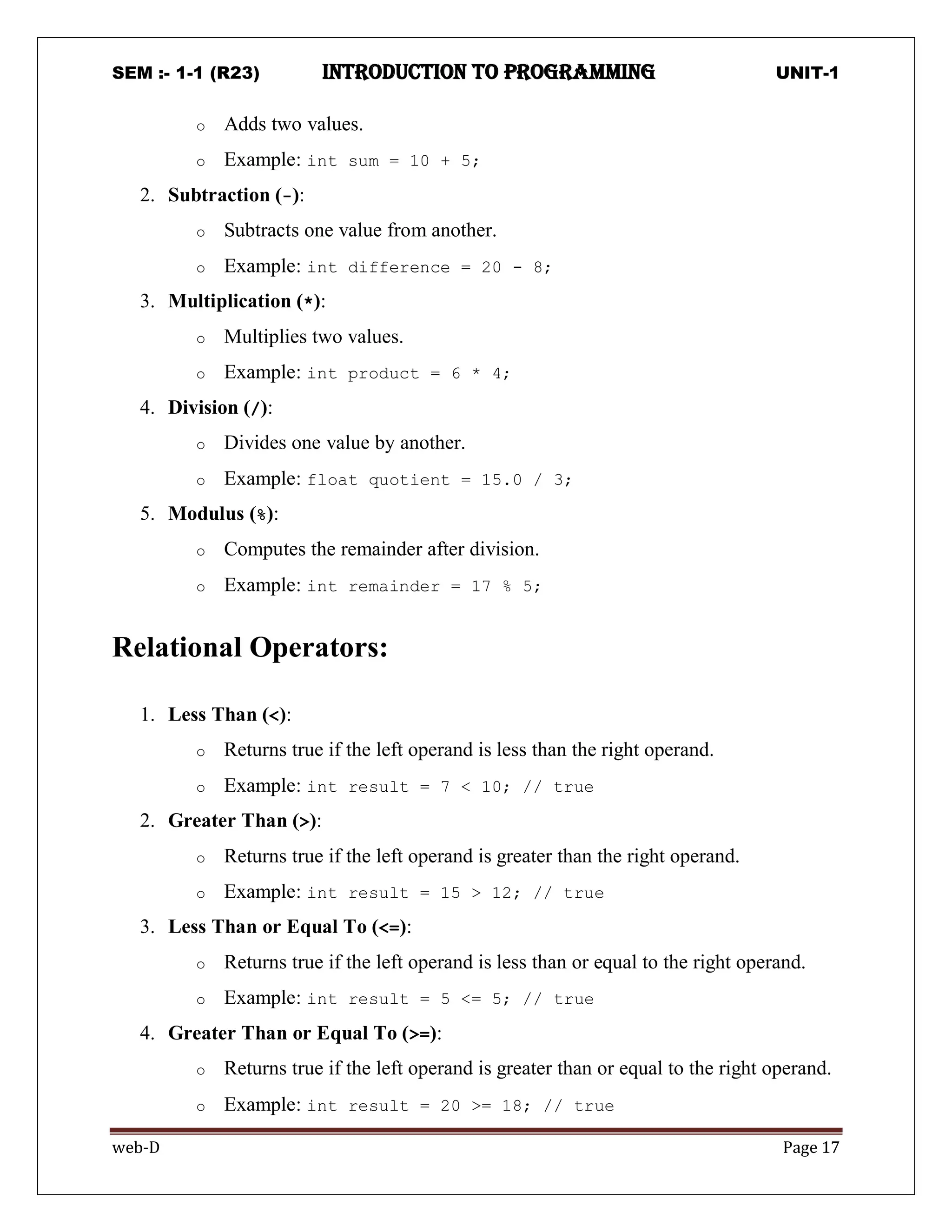 SEM :- 1-1 (R23) introduction to programming UNIT-1
web-D Page 17
o Adds two values.
o Example: int sum = 10 + 5;
2. Subtraction (-):
o Subtracts one value from another.
o Example: int difference = 20 - 8;
3. Multiplication (*):
o Multiplies two values.
o Example: int product = 6 * 4;
4. Division (/):
o Divides one value by another.
o Example: float quotient = 15.0 / 3;
5. Modulus (%):
o Computes the remainder after division.
o Example: int remainder = 17 % 5;
Relational Operators:
1. Less Than (<):
o Returns true if the left operand is less than the right operand.
o Example: int result = 7 < 10; // true
2. Greater Than (>):
o Returns true if the left operand is greater than the right operand.
o Example: int result = 15 > 12; // true
3. Less Than or Equal To (<=):
o Returns true if the left operand is less than or equal to the right operand.
o Example: int result = 5 <= 5; // true
4. Greater Than or Equal To (>=):
o Returns true if the left operand is greater than or equal to the right operand.
o Example: int result = 20 >= 18; // true
 
