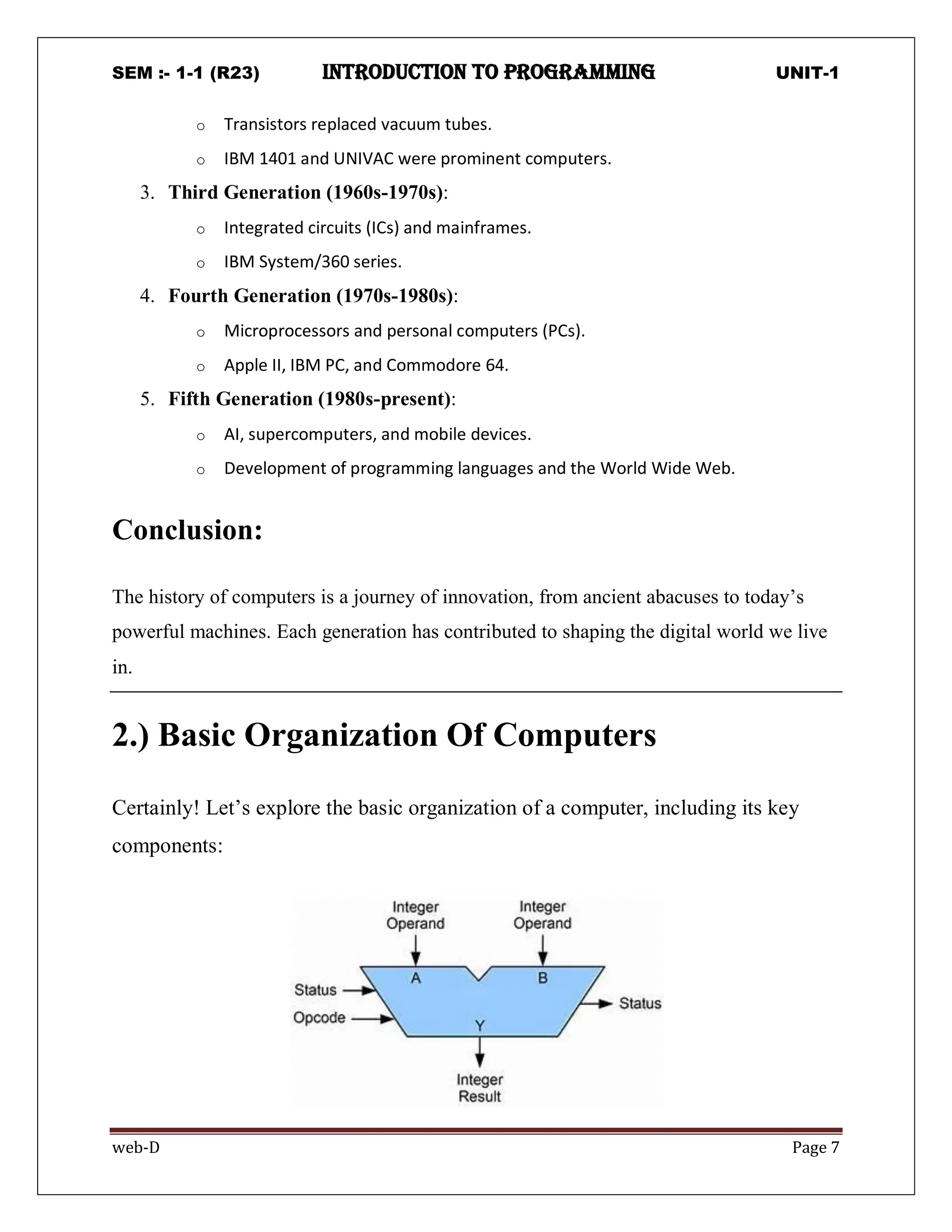 SEM :- 1-1 (R23) introduction to programming UNIT-1
web-D Page 7
o Transistors replaced vacuum tubes.
o IBM 1401 and UNIVAC were prominent computers.
3. Third Generation (1960s-1970s):
o Integrated circuits (ICs) and mainframes.
o IBM System/360 series.
4. Fourth Generation (1970s-1980s):
o Microprocessors and personal computers (PCs).
o Apple II, IBM PC, and Commodore 64.
5. Fifth Generation (1980s-present):
o AI, supercomputers, and mobile devices.
o Development of programming languages and the World Wide Web.
Conclusion:
The history of computers is a journey of innovation, from ancient abacuses to today’s
powerful machines. Each generation has contributed to shaping the digital world we live
in.
2.) Basic Organization Of Computers
Certainly! Let’s explore the basic organization of a computer, including its key
components:
 
