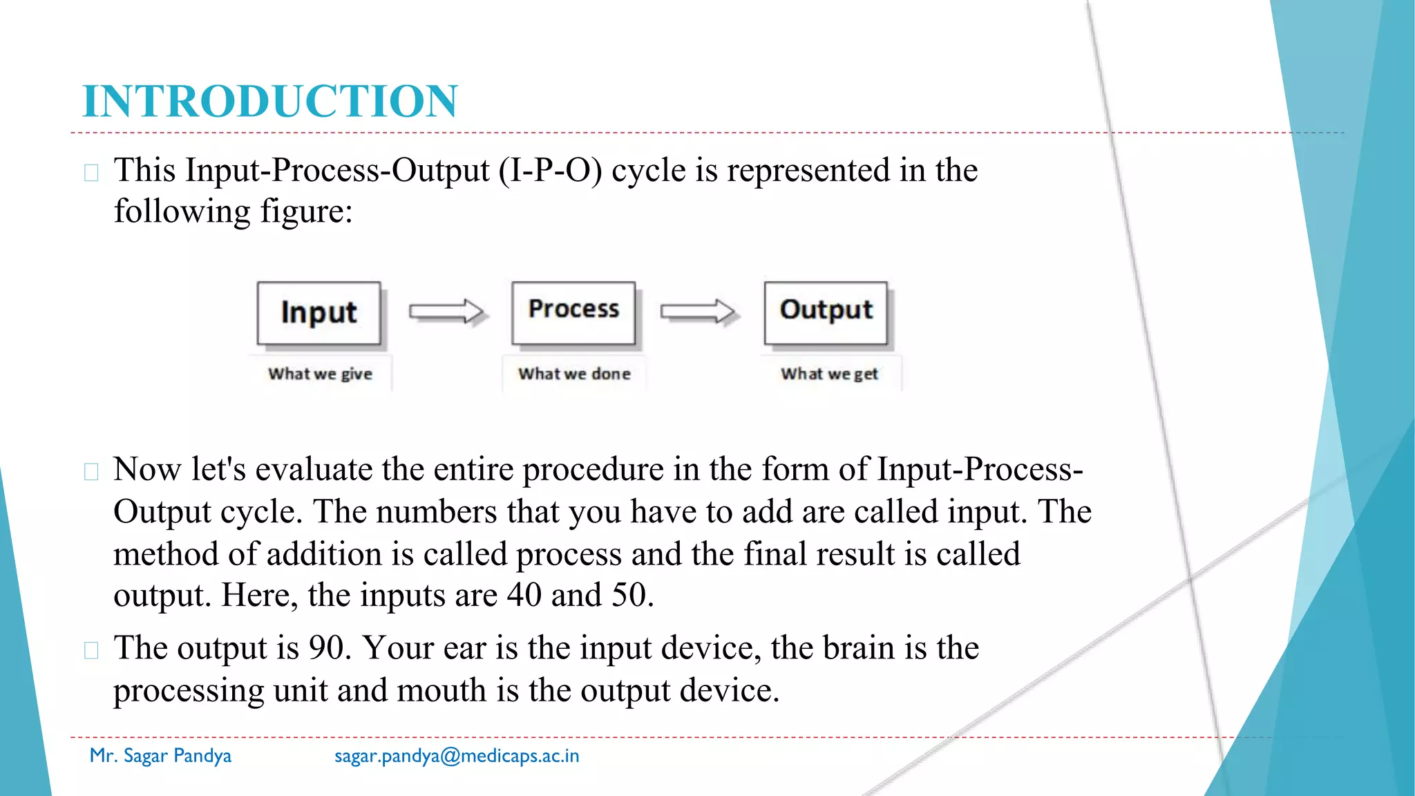 INTRODUCTION
Mr. Sagar Pandya sagar.pandya@medicaps.ac.in
� This Input-Process-Output (I-P-O) cycle is represented in the
following figure:
� Now let's evaluate the entire procedure in the form of Input-Process-
Output cycle. The numbers that you have to add are called input. The
method of addition is called process and the final result is called
output. Here, the inputs are 40 and 50.
� The output is 90. Your ear is the input device, the brain is the
processing unit and mouth is the output device.
 
