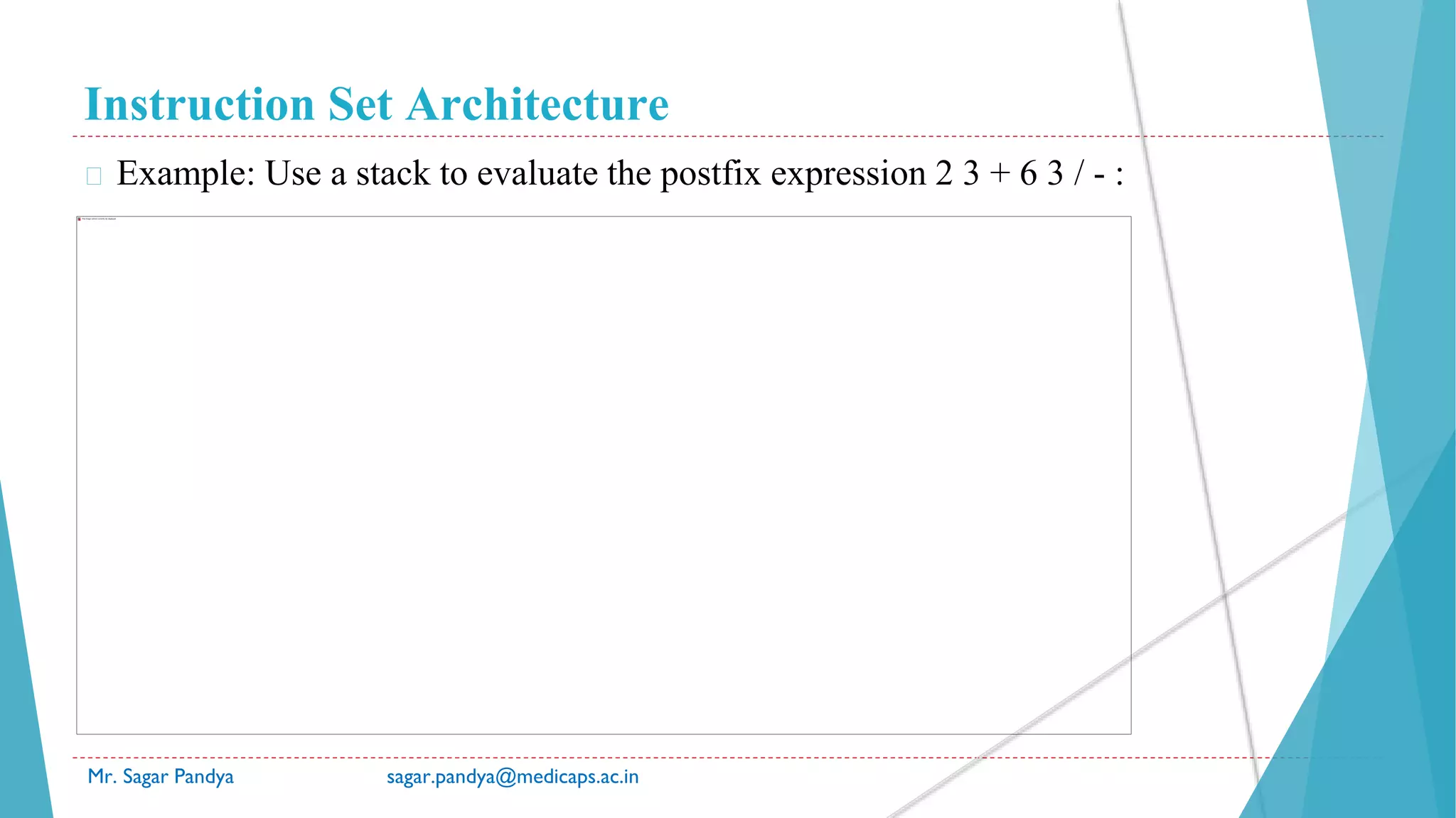 Instruction Set Architecture
Mr. Sagar Pandya sagar.pandya@medicaps.ac.in
� Example: Use a stack to evaluate the postfix expression 2 3 + 6 3 / - :
 
