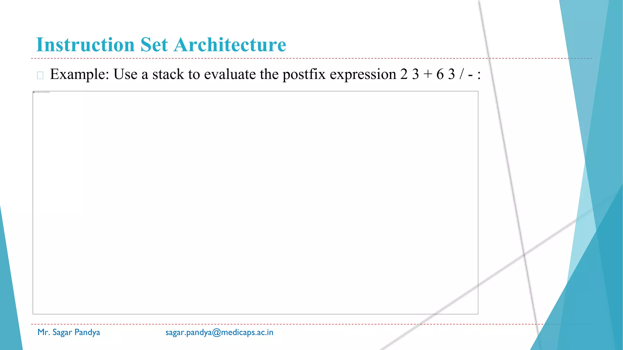 Instruction Set Architecture
Mr. Sagar Pandya sagar.pandya@medicaps.ac.in
� Example: Use a stack to evaluate the postfix expression 2 3 + 6 3 / - :
 