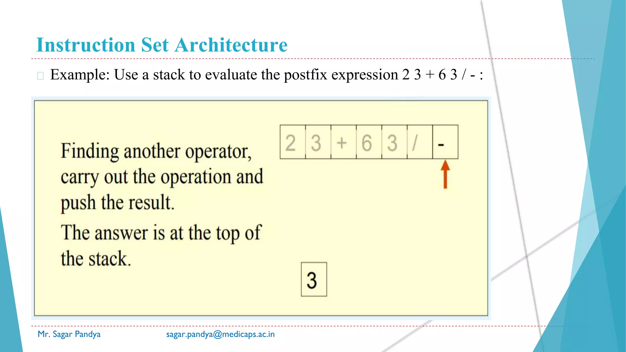 Instruction Set Architecture
Mr. Sagar Pandya sagar.pandya@medicaps.ac.in
� Example: Use a stack to evaluate the postfix expression 2 3 + 6 3 / - :
 