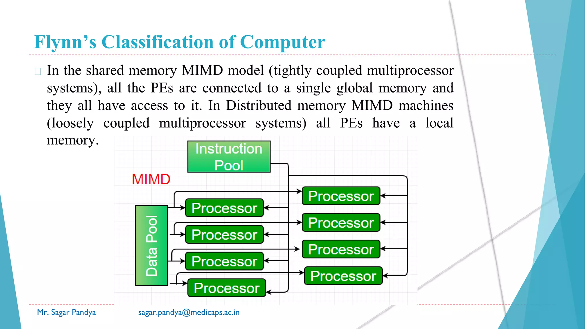 Flynn’s Classification of Computer
Mr. Sagar Pandya sagar.pandya@medicaps.ac.in
� In the shared memory MIMD model (tightly coupled multiprocessor
systems), all the PEs are connected to a single global memory and
they all have access to it. In Distributed memory MIMD machines
(loosely coupled multiprocessor systems) all PEs have a local
memory.
 