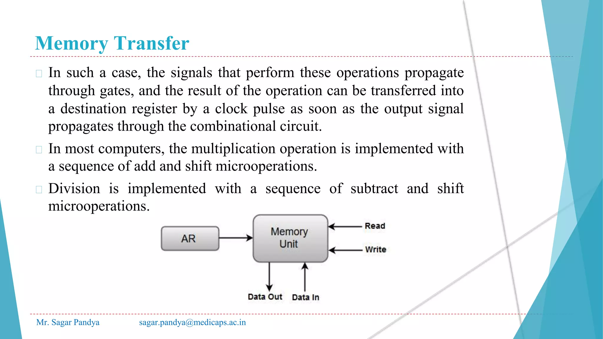 Memory Transfer
Mr. Sagar Pandya sagar.pandya@medicaps.ac.in
� In such a case, the signals that perform these operations propagate
through gates, and the result of the operation can be transferred into
a destination register by a clock pulse as soon as the output signal
propagates through the combinational circuit.
� In most computers, the multiplication operation is implemented with
a sequence of add and shift microoperations.
� Division is implemented with a sequence of subtract and shift
microoperations.
 