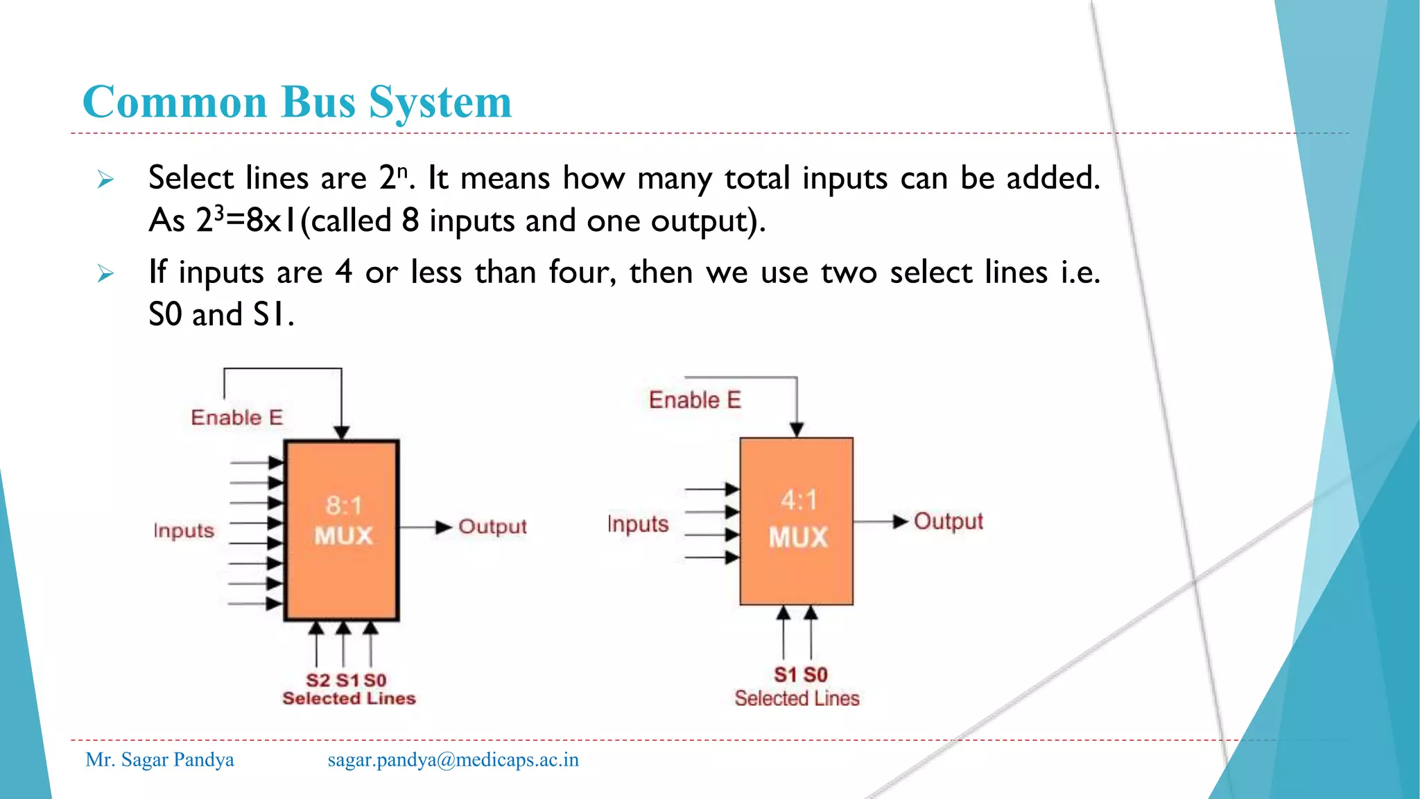 Common Bus System
Mr. Sagar Pandya sagar.pandya@medicaps.ac.in
 Select lines are 2n. It means how many total inputs can be added.
As 23=8x1(called 8 inputs and one output).
 If inputs are 4 or less than four, then we use two select lines i.e.
S0 and S1.
 