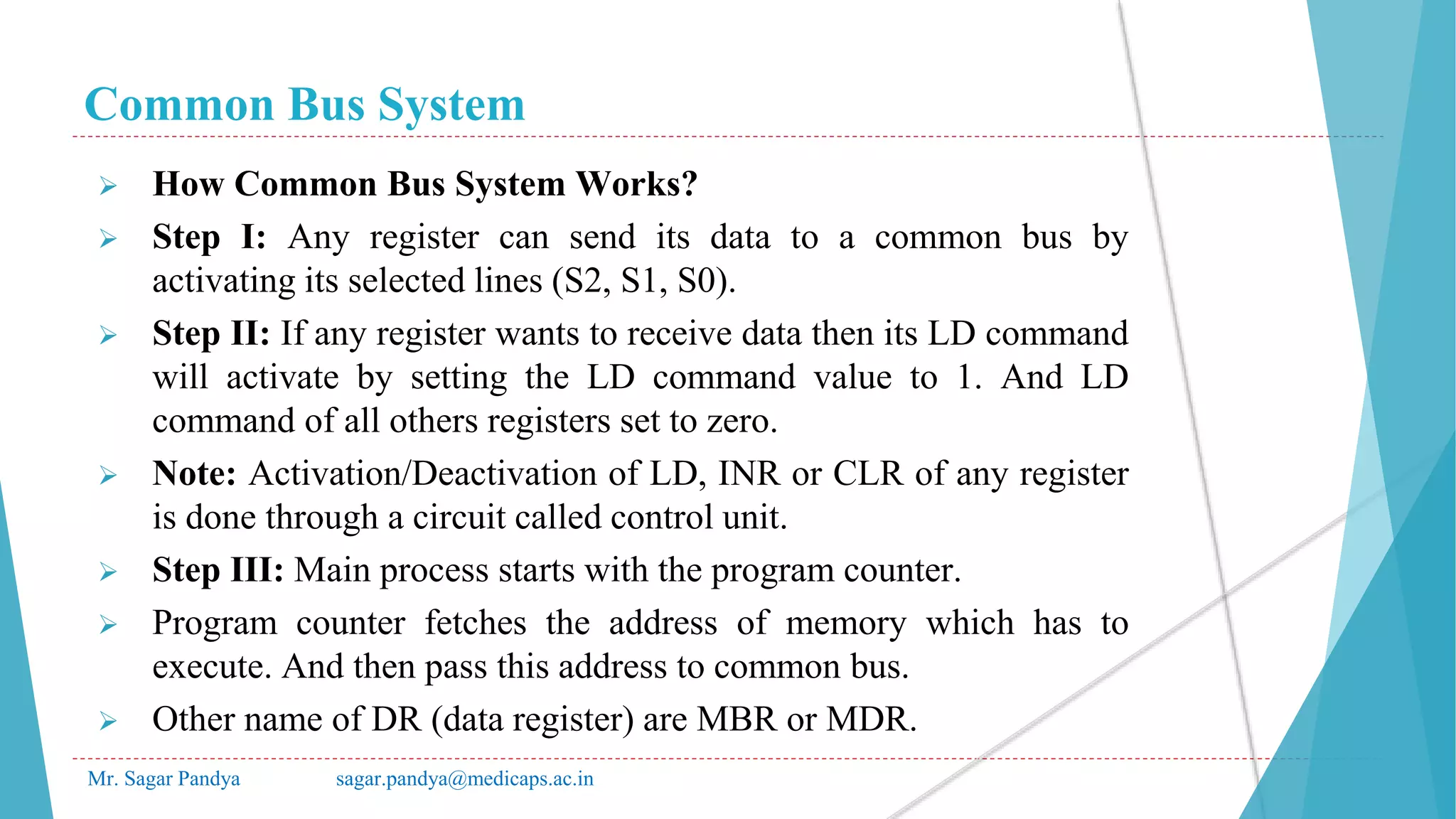 Common Bus System
Mr. Sagar Pandya sagar.pandya@medicaps.ac.in
 How Common Bus System Works?
 Step I: Any register can send its data to a common bus by
activating its selected lines (S2, S1, S0).
 Step II: If any register wants to receive data then its LD command
will activate by setting the LD command value to 1. And LD
command of all others registers set to zero.
 Note: Activation/Deactivation of LD, INR or CLR of any register
is done through a circuit called control unit.
 Step III: Main process starts with the program counter.
 Program counter fetches the address of memory which has to
execute. And then pass this address to common bus.
 Other name of DR (data register) are MBR or MDR.
 
