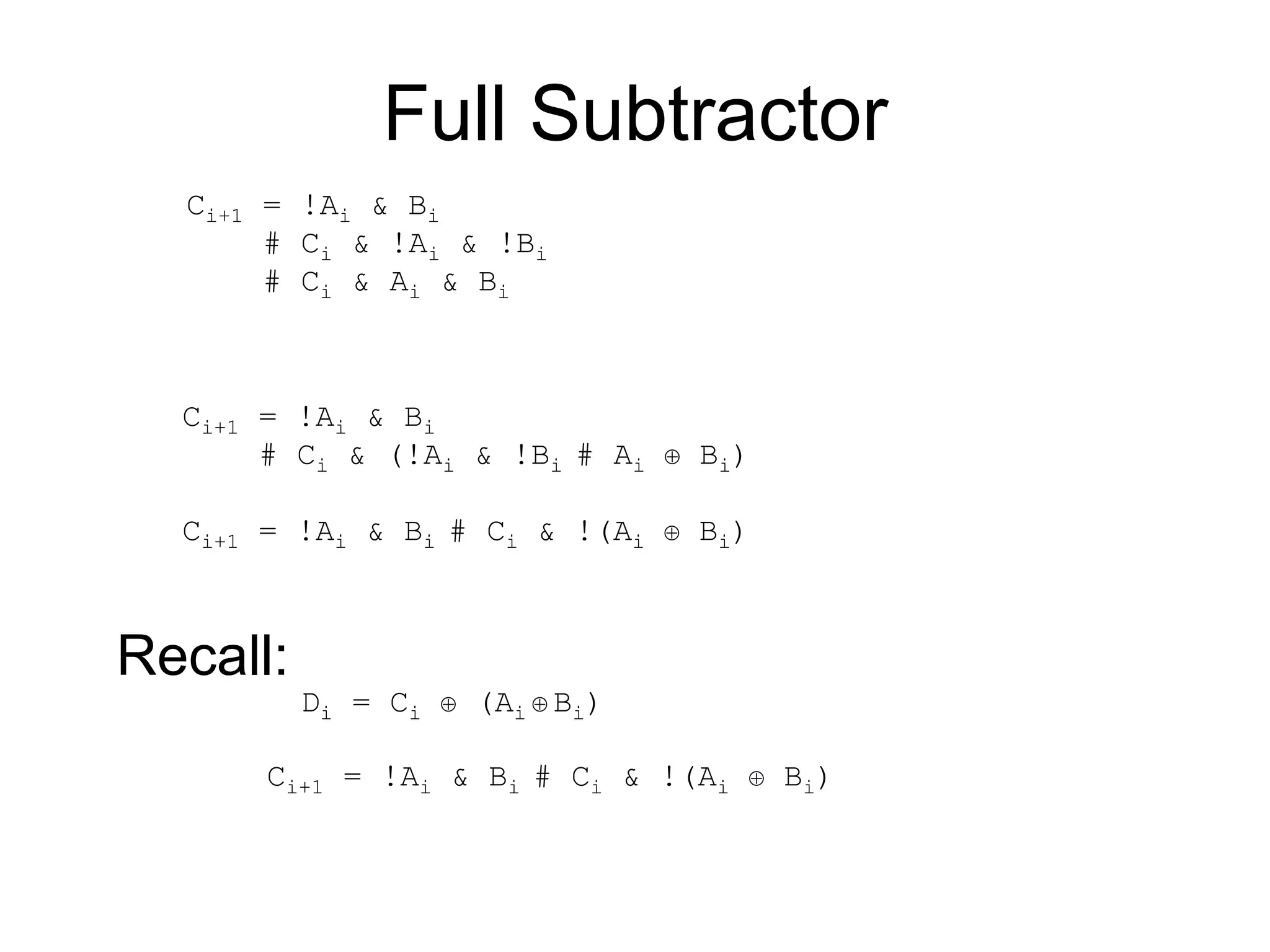 Full Subtractor
Ci+1 = !Ai & Bi
# Ci & !Ai & !Bi
# Ci & Ai & Bi
Ci+1 = !Ai & Bi
# Ci & (!Ai & !Bi # Ai  Bi)
Ci+1 = !Ai & Bi # Ci & !(Ai  Bi)
Recall:
Di = Ci  (Ai  Bi)
Ci+1 = !Ai & Bi # Ci & !(Ai  Bi)
 