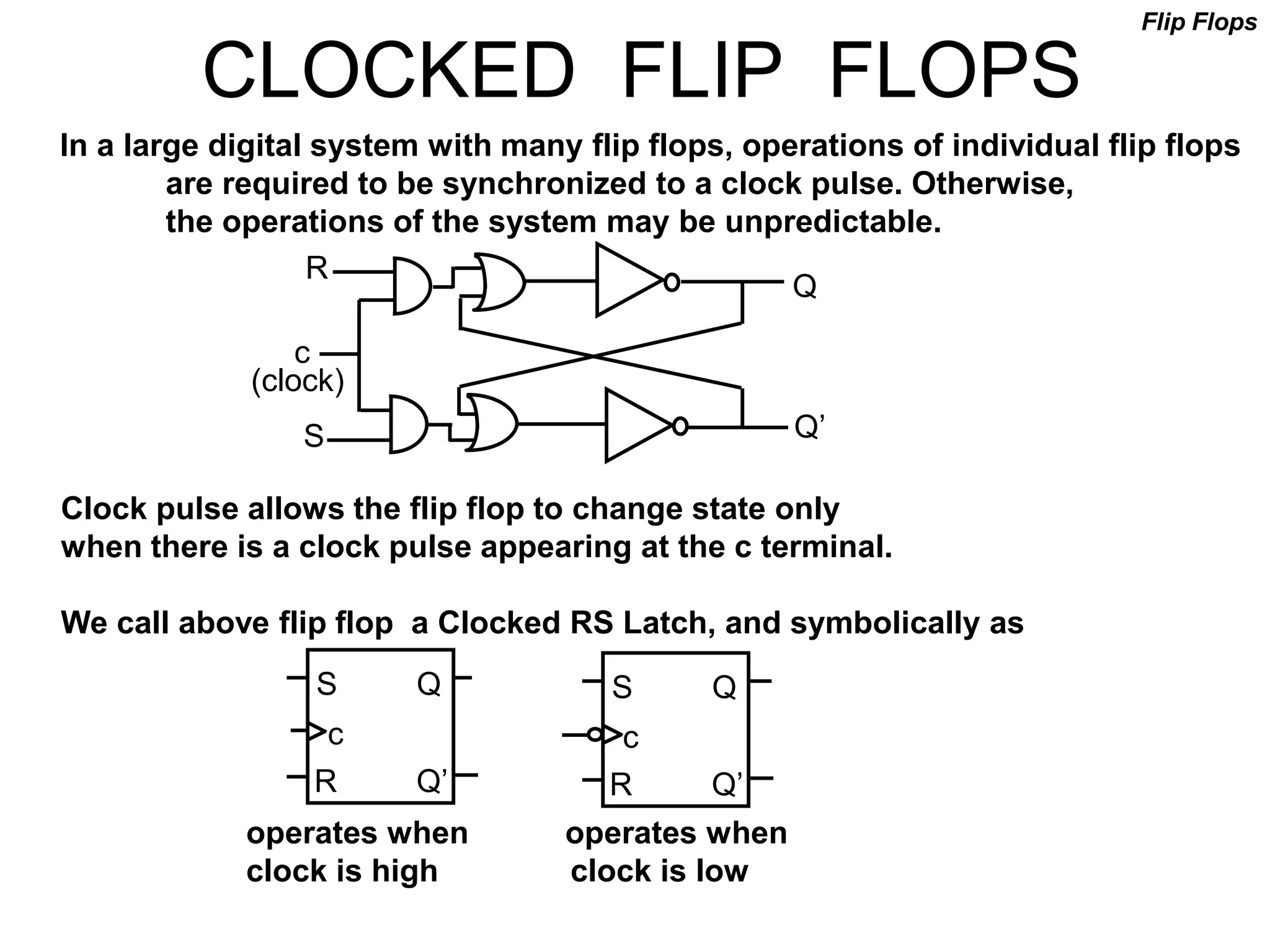 CLOCKED FLIP FLOPS
In a large digital system with many flip flops, operations of individual flip flops
are required to be synchronized to a clock pulse. Otherwise,
the operations of the system may be unpredictable.
R
S
Q
Q’
c
(clock)
Flip Flops
S Q
c
R Q’
S Q
c
R Q’
operates when operates when
clock is high clock is low
Clock pulse allows the flip flop to change state only
when there is a clock pulse appearing at the c terminal.
We call above flip flop a Clocked RS Latch, and symbolically as
 