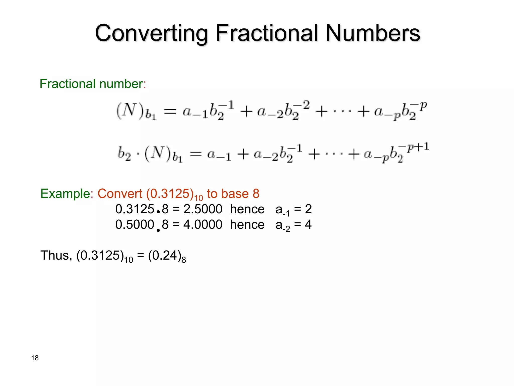 18
Converting Fractional Numbers
Fractional number:
Example: Convert (0.3125)10 to base 8
0.3125 8 = 2.5000 hence a-1 = 2
0.5000 8 = 4.0000 hence a-2 = 4
Thus, (0.3125)10 = (0.24)8
 