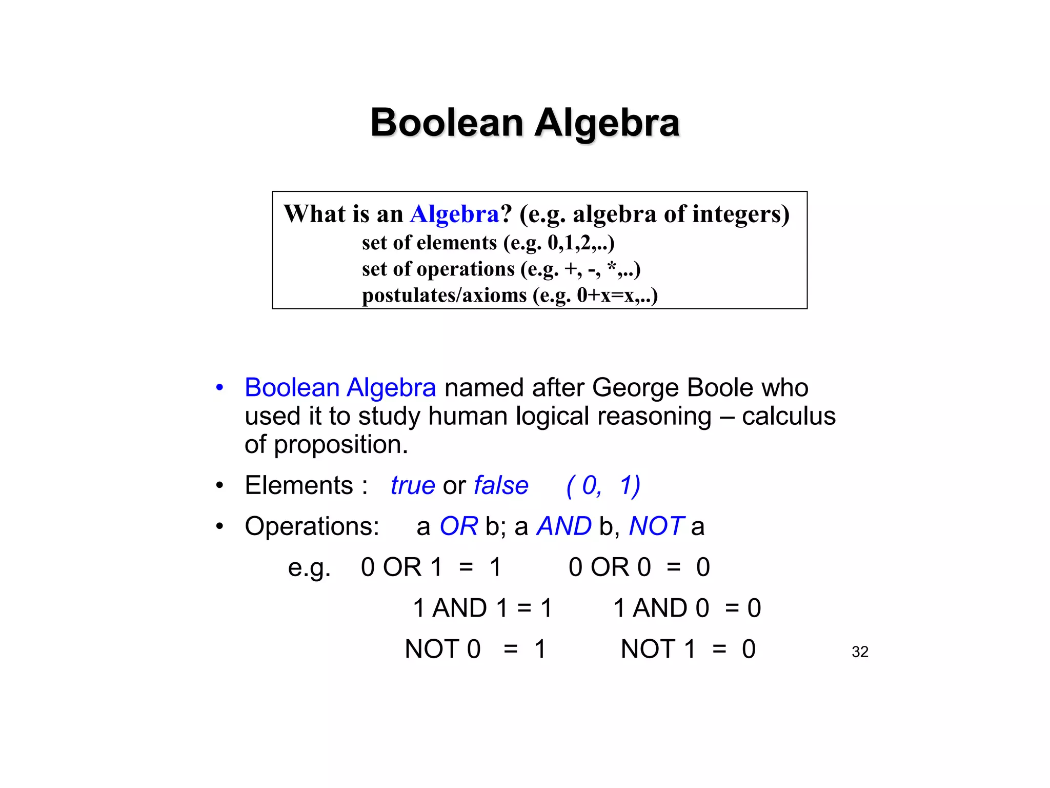 32
Boolean Algebra
• Boolean Algebra named after George Boole who
used it to study human logical reasoning – calculus
of proposition.
• Elements : true or false ( 0, 1)
• Operations: a OR b; a AND b, NOT a
e.g. 0 OR 1 = 1 0 OR 0 = 0
1 AND 1 = 1 1 AND 0 = 0
NOT 0 = 1 NOT 1 = 0
What is an Algebra? (e.g. algebra of integers)
set of elements (e.g. 0,1,2,..)
set of operations (e.g. +, -, *,..)
postulates/axioms (e.g. 0+x=x,..)
 