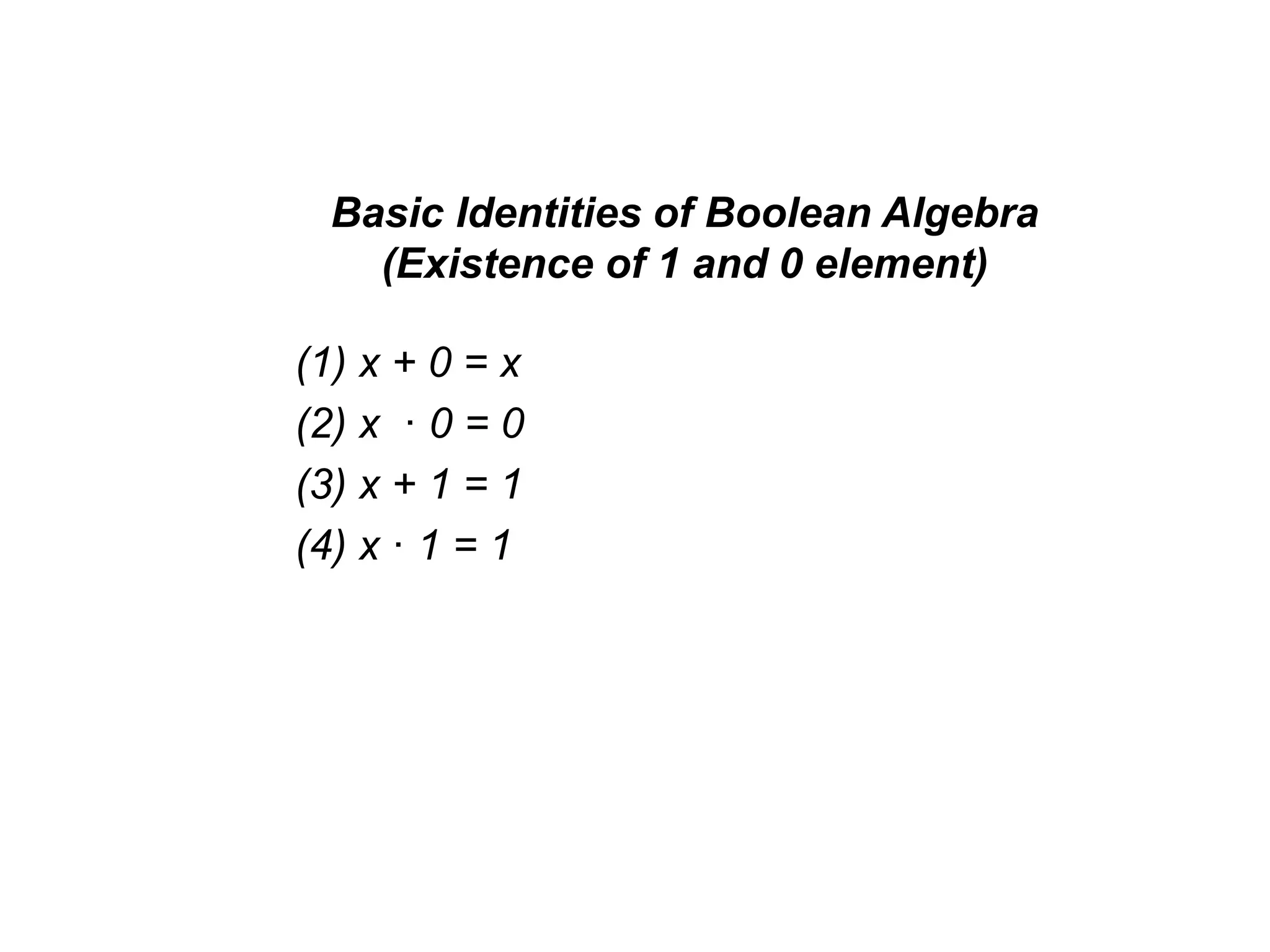 Basic Identities of Boolean Algebra
(Existence of 1 and 0 element)
(1) x + 0 = x
(2) x · 0 = 0
(3) x + 1 = 1
(4) x · 1 = 1
 