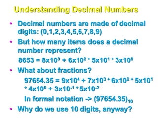 Understanding Decimal Numbers
• Decimal numbers are made of decimal
digits: (0,1,2,3,4,5,6,7,8,9)
• But how many items does a decimal
number represent?
8653 = 8x103 + 6x102 + 5x101 + 3x100
• What about fractions?
97654.35 = 9x104 + 7x103 + 6x102 + 5x101
+ 4x100 + 3x10-1 + 5x10-2
In formal notation -> (97654.35)10
• Why do we use 10 digits, anyway?
 
