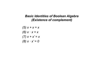 Basic Identities of Boolean Algebra
(Existence of complement)
(5) x + x = x
(6) x · x = x
(7) x + x’ = x
(8) x · x’ = 0
 
