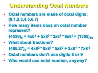Understanding Octal Numbers
• Octal numbers are made of octal digits:
(0,1,2,3,4,5,6,7)
• How many items does an octal number
represent?
(4536)8 = 4x83 + 5x82 + 3x81 + 6x80 = (1362)10
• What about fractions?
(465.27)8 = 4x82 + 6x81 + 5x80 + 2x8-1 + 7x8-2
• Octal numbers don’t use digits 8 or 9
• Who would use octal number, anyway?
 