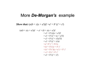 More De-Morgan's example
Show that: (a(b + z(x + a')))' =a' + b' (z' + x')
(a(b + z(x + a')))' = a' + (b + z(x + a'))'
= a' + b' (z(x + a'))'
= a' + b' (z' + (x + a')')
= a' + b' (z' + x'(a')')
= a' + b' (z' + x'a)
=a‘+b' z' + b'x'a
=(a‘+ b'x'a) + b' z'
=(a‘+ b'x‘)(a +a‘) + b' z'
= a‘+ b'x‘+ b' z‘
= a' + b' (z' + x')
 