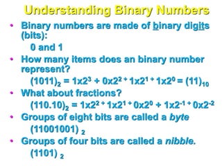 Understanding Binary Numbers
• Binary numbers are made of binary digits
(bits):
0 and 1
• How many items does an binary number
represent?
(1011)2 = 1x23 + 0x22 + 1x21 + 1x20 = (11)10
• What about fractions?
(110.10)2 = 1x22 + 1x21 + 0x20 + 1x2-1 + 0x2-2
• Groups of eight bits are called a byte
(11001001) 2
• Groups of four bits are called a nibble.
(1101) 2
 