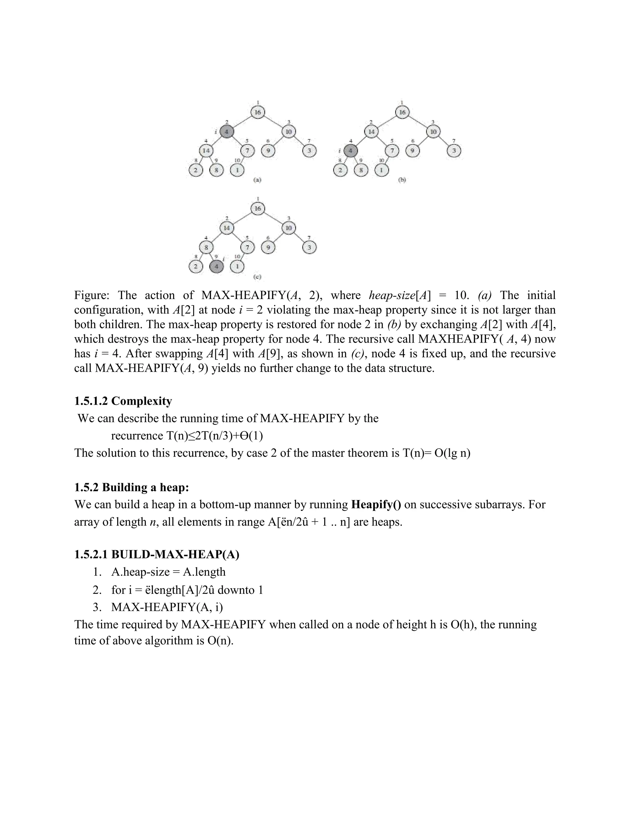 Figure: The action of MAX-HEAPIFY(A, 2), where heap-size[A] = 10. (a) The initial
configuration, with A[2] at node i = 2 violating the max-heap property since it is not larger than
both children. The max-heap property is restored for node 2 in (b) by exchanging A[2] with A[4],
which destroys the max-heap property for node 4. The recursive call MAXHEAPIFY( A, 4) now
has i = 4. After swapping A[4] with A[9], as shown in (c), node 4 is fixed up, and the recursive
call MAX-HEAPIFY(A, 9) yields no further change to the data structure.
1.5.1.2 Complexity
We can describe the running time of MAX-HEAPIFY by the
recurrence T(n)≤2T(n/3)+ϴ(1)
The solution to this recurrence, by case 2 of the master theorem is T(n)= O(lg n)
1.5.2 Building a heap:
We can build a heap in a bottom-up manner by running Heapify() on successive subarrays. For
array of length n, all elements in range A[ën/2û + 1 .. n] are heaps.
1.5.2.1 BUILD-MAX-HEAP(A)
1. A.heap-size = A.length
2. for i = ëlength[A]/2û downto 1
3. MAX-HEAPIFY(A, i)
The time required by MAX-HEAPIFY when called on a node of height h is O(h), the running
time of above algorithm is O(n).
 