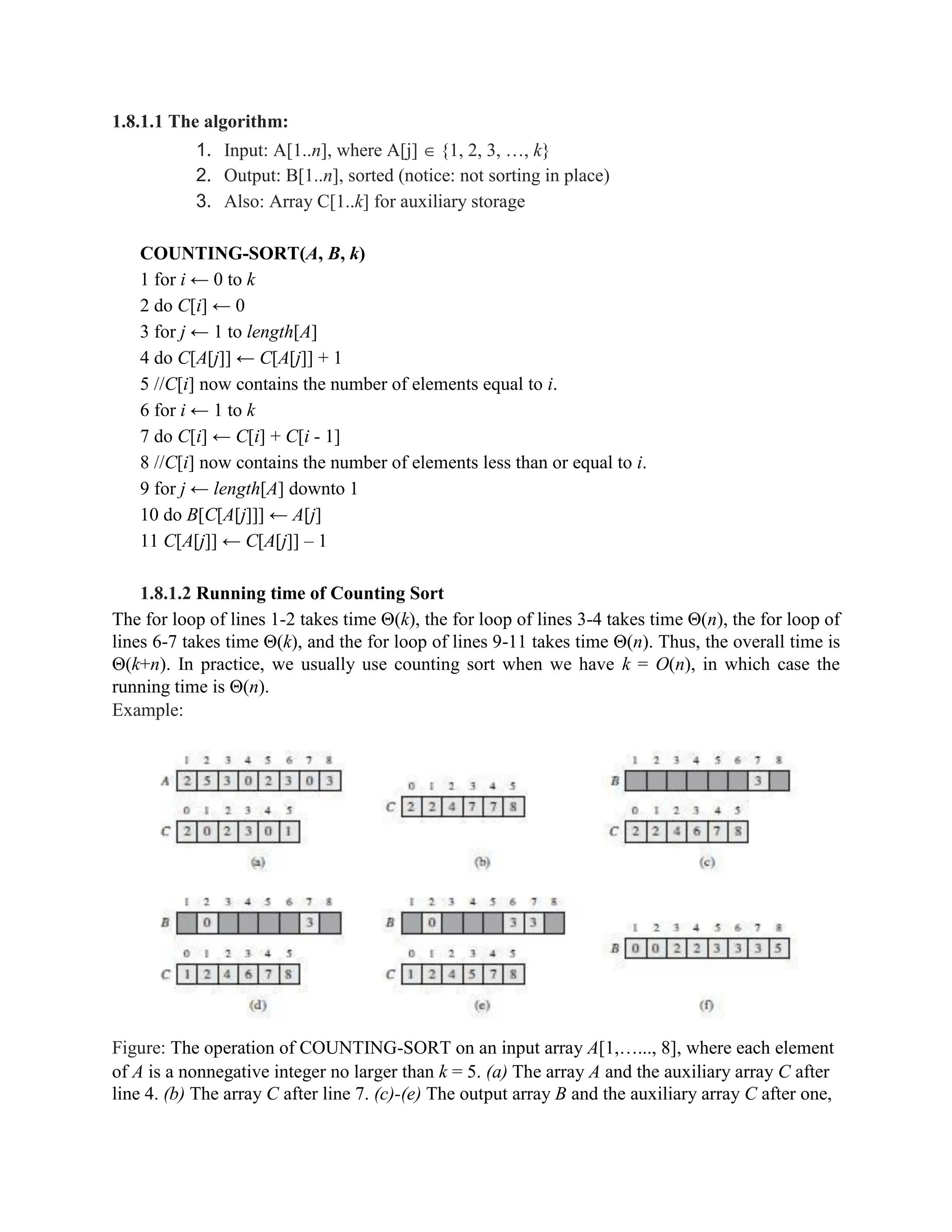 1.8.1.1 The algorithm:
1. Input: A[1..n], where A[j]  {1, 2, 3, …, k}
2. Output: B[1..n], sorted (notice: not sorting in place)
3. Also: Array C[1..k] for auxiliary storage
COUNTING-SORT(A, B, k)
1 for i ← 0 to k
2 do C[i] ← 0
3 for j ← 1 to length[A]
4 do C[A[j]] ← C[A[j]] + 1
5 //C[i] now contains the number of elements equal to i.
6 for i ← 1 to k
7 do C[i] ← C[i] + C[i - 1]
8 //C[i] now contains the number of elements less than or equal to i.
9 for j ← length[A] downto 1
10 do B[C[A[j]]] ← A[j]
11 C[A[j]] ← C[A[j]] – 1
1.8.1.2 Running time of Counting Sort
The for loop of lines 1-2 takes time Θ(k), the for loop of lines 3-4 takes time Θ(n), the for loop of
lines 6-7 takes time Θ(k), and the for loop of lines 9-11 takes time Θ(n). Thus, the overall time is
Θ(k+n). In practice, we usually use counting sort when we have k = O(n), in which case the
running time is Θ(n).
Example:
Figure: The operation of COUNTING-SORT on an input array A[1,…..., 8], where each element
of A is a nonnegative integer no larger than k = 5. (a) The array A and the auxiliary array C after
line 4. (b) The array C after line 7. (c)-(e) The output array B and the auxiliary array C after one,
 