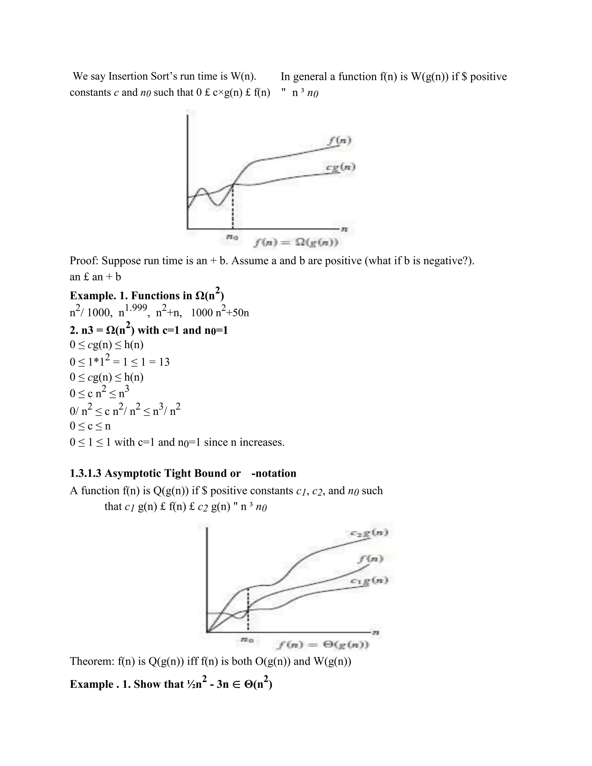 We say Insertion Sort’s run time is W(n).
constants c and n0 such that 0 £ c×g(n) £ f(n)
In general a function f(n) is W(g(n)) if $ positive
" n ³ n0
Proof: Suppose run time is an + b. Assume a and b are positive (what if b is negative?).
an £ an + b
Example. 1. Functions in Ω(n
2
)
n2
/ 1000, n1.999
, n2
+n, 1000 n2
+50n
2. n3 = Ω(n
2
) with c=1 and n0=1
0 ≤ cg(n) ≤ h(n)
0 ≤ 1*12
= 1 ≤ 1 = 13
0 ≤ cg(n) ≤ h(n)
0 ≤ c n2
≤ n3
0/ n2
≤ c n2
/ n2
≤ n3
/ n2
0 ≤ c ≤ n
0 ≤ 1 ≤ 1 with c=1 and n0=1 since n increases.
1.3.1.3 Asymptotic Tight Bound or -notation
A function f(n) is Q(g(n)) if $ positive constants c1, c2, and n0 such
that c1 g(n) £ f(n) £ c2 g(n) " n ³ n0
Theorem: f(n) is Q(g(n)) iff f(n) is both O(g(n)) and W(g(n))
Example . 1. Show that ½n
2
- 3n ∈ Θ(n
2
)
 
