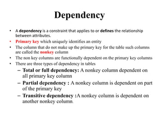 Dependency
• A dependency is a constraint that applies to or defines the relationship
between attributes.
• Primary key which uniquely identifies an entity
• The column that do not make up the primary key for the table such columns
are called the nonkey column
• The non key columns are functionally dependent on the primary key columns
• There are three types of dependency in tables
– Total or full dependency: A nonkey column dependent on
all primary key column
– Partial dependency : A nonkey column is dependent on part
of the primary key
– Transitive dependency :A nonkey column is dependent on
another nonkey column.
 