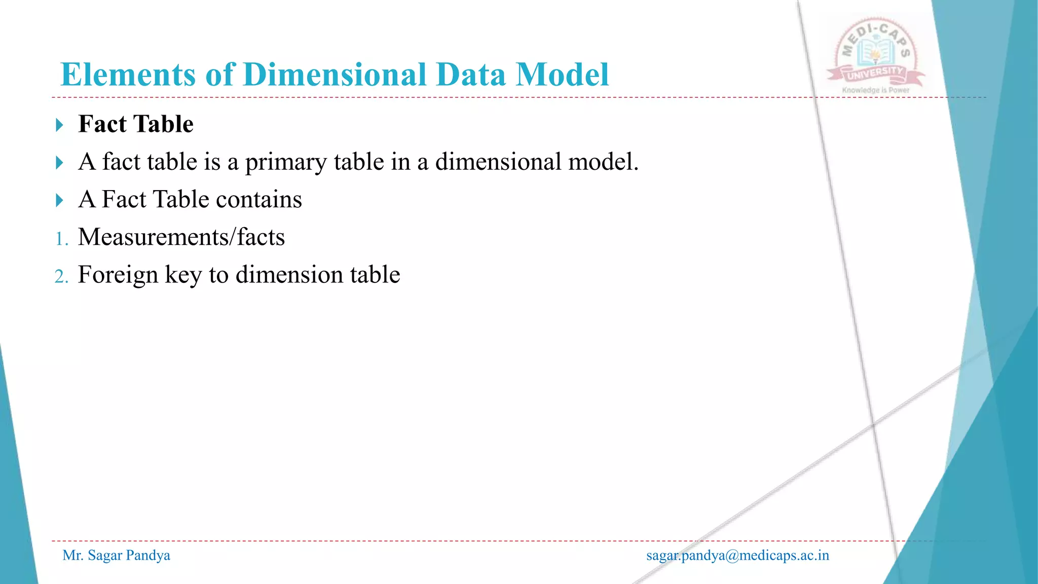 Elements of Dimensional Data Model
Mr. Sagar Pandya sagar.pandya@medicaps.ac.in
 Fact Table
 A fact table is a primary table in a dimensional model.
 A Fact Table contains
1. Measurements/facts
2. Foreign key to dimension table
 