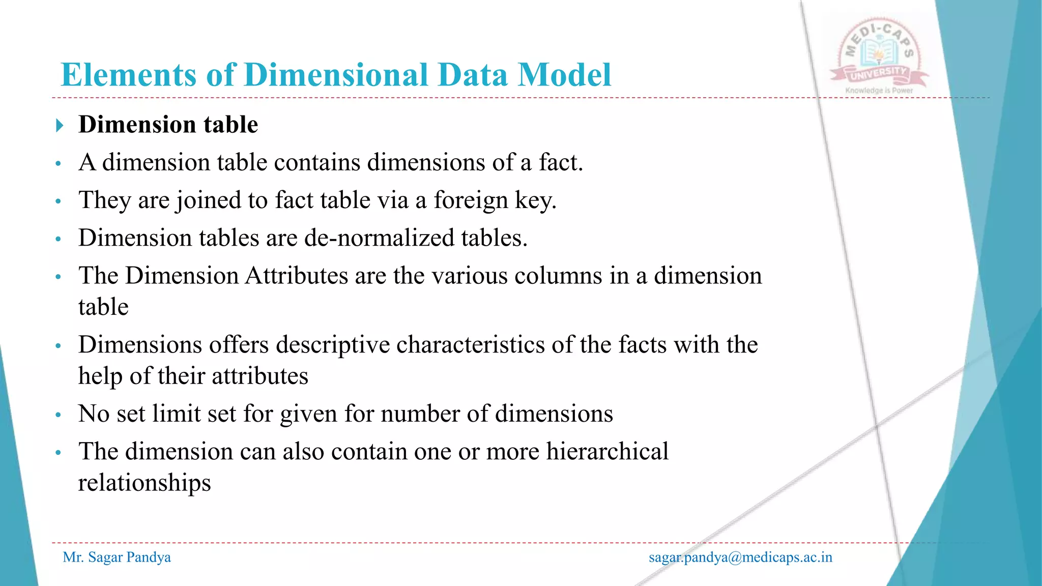 Elements of Dimensional Data Model
Mr. Sagar Pandya sagar.pandya@medicaps.ac.in
 Dimension table
• A dimension table contains dimensions of a fact.
• They are joined to fact table via a foreign key.
• Dimension tables are de-normalized tables.
• The Dimension Attributes are the various columns in a dimension
table
• Dimensions offers descriptive characteristics of the facts with the
help of their attributes
• No set limit set for given for number of dimensions
• The dimension can also contain one or more hierarchical
relationships
 