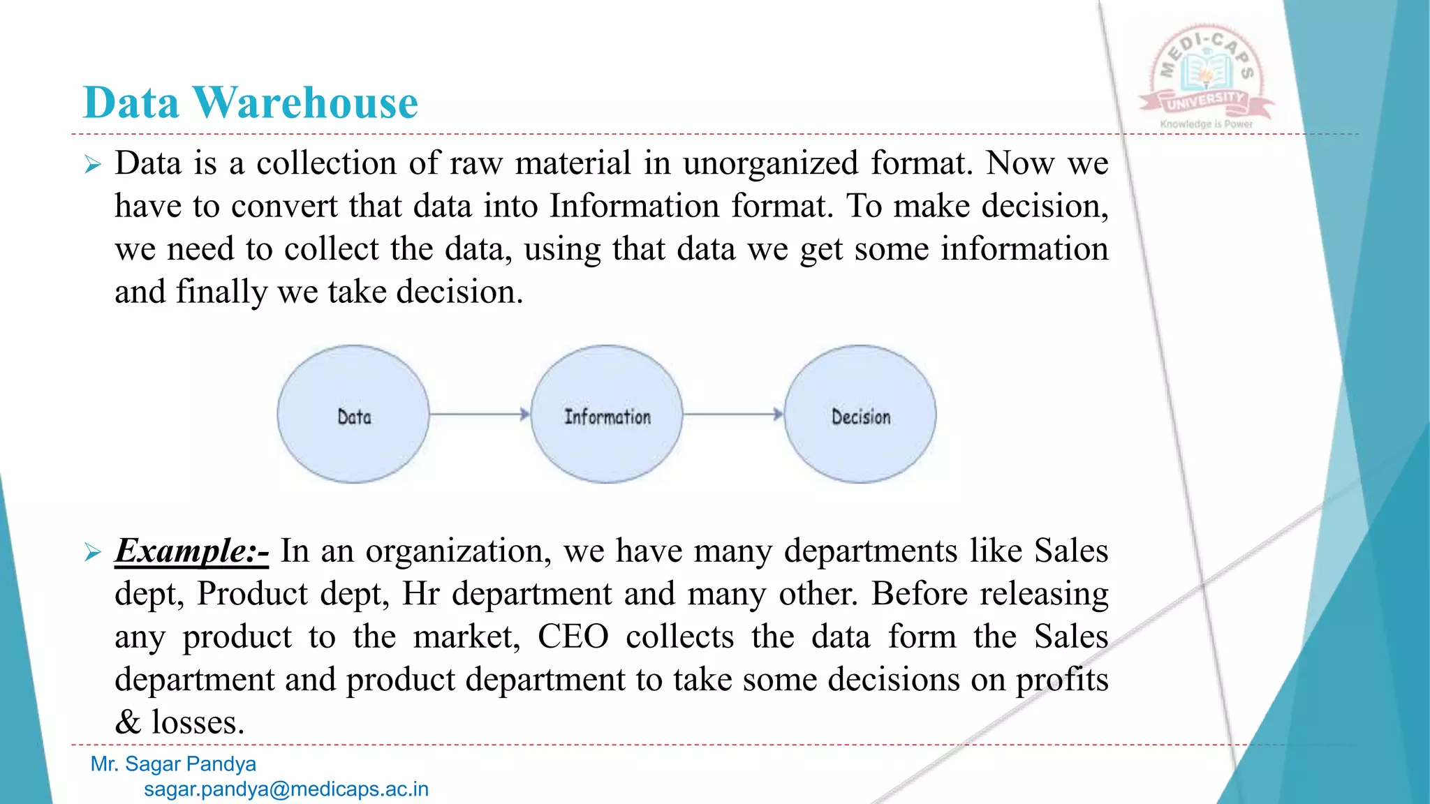 Data Warehouse
 Data is a collection of raw material in unorganized format. Now we
have to convert that data into Information format. To make decision,
we need to collect the data, using that data we get some information
and finally we take decision.
 Example:- In an organization, we have many departments like Sales
dept, Product dept, Hr department and many other. Before releasing
any product to the market, CEO collects the data form the Sales
department and product department to take some decisions on profits
& losses.
Mr. Sagar Pandya
sagar.pandya@medicaps.ac.in
 