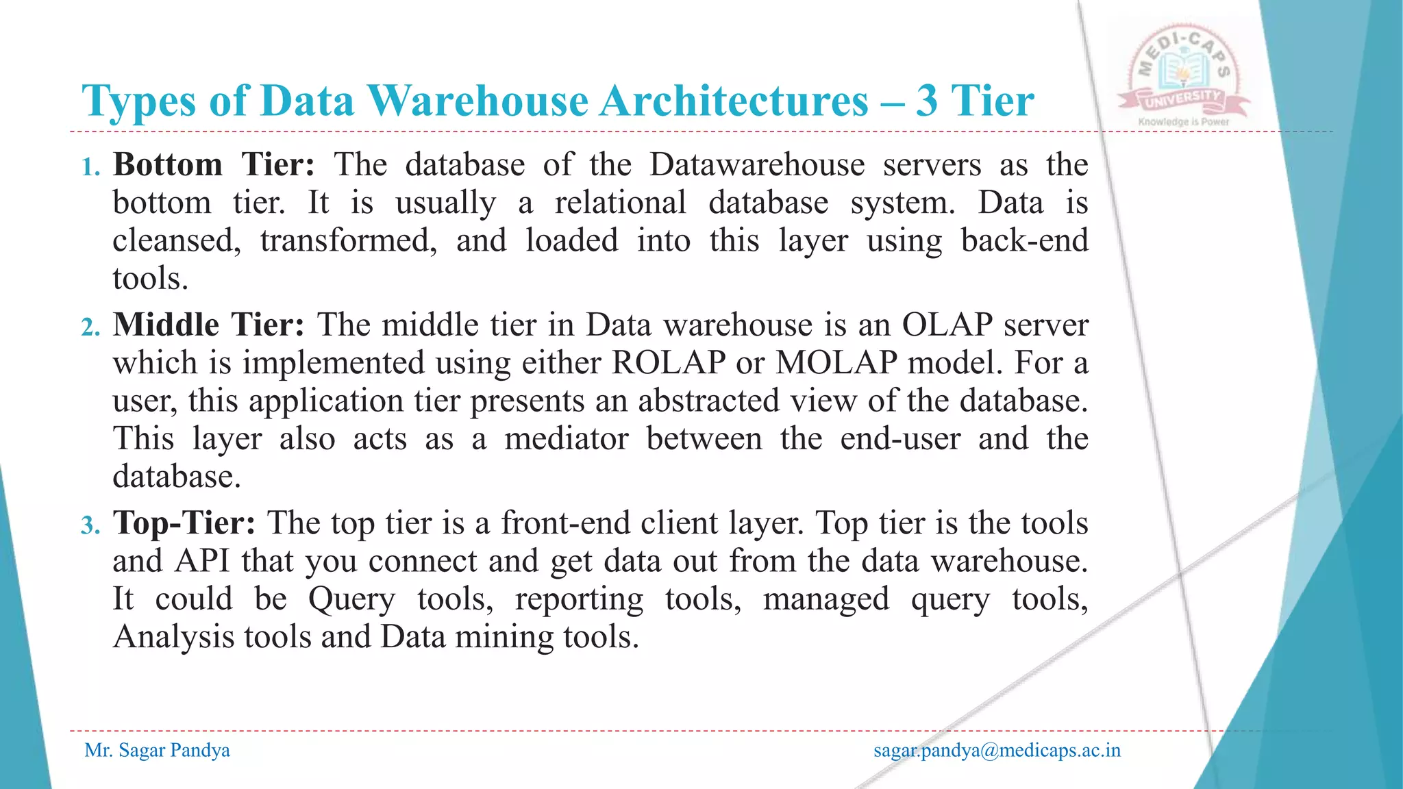 Types of Data Warehouse Architectures – 3 Tier
Mr. Sagar Pandya sagar.pandya@medicaps.ac.in
1. Bottom Tier: The database of the Datawarehouse servers as the
bottom tier. It is usually a relational database system. Data is
cleansed, transformed, and loaded into this layer using back-end
tools.
2. Middle Tier: The middle tier in Data warehouse is an OLAP server
which is implemented using either ROLAP or MOLAP model. For a
user, this application tier presents an abstracted view of the database.
This layer also acts as a mediator between the end-user and the
database.
3. Top-Tier: The top tier is a front-end client layer. Top tier is the tools
and API that you connect and get data out from the data warehouse.
It could be Query tools, reporting tools, managed query tools,
Analysis tools and Data mining tools.
 