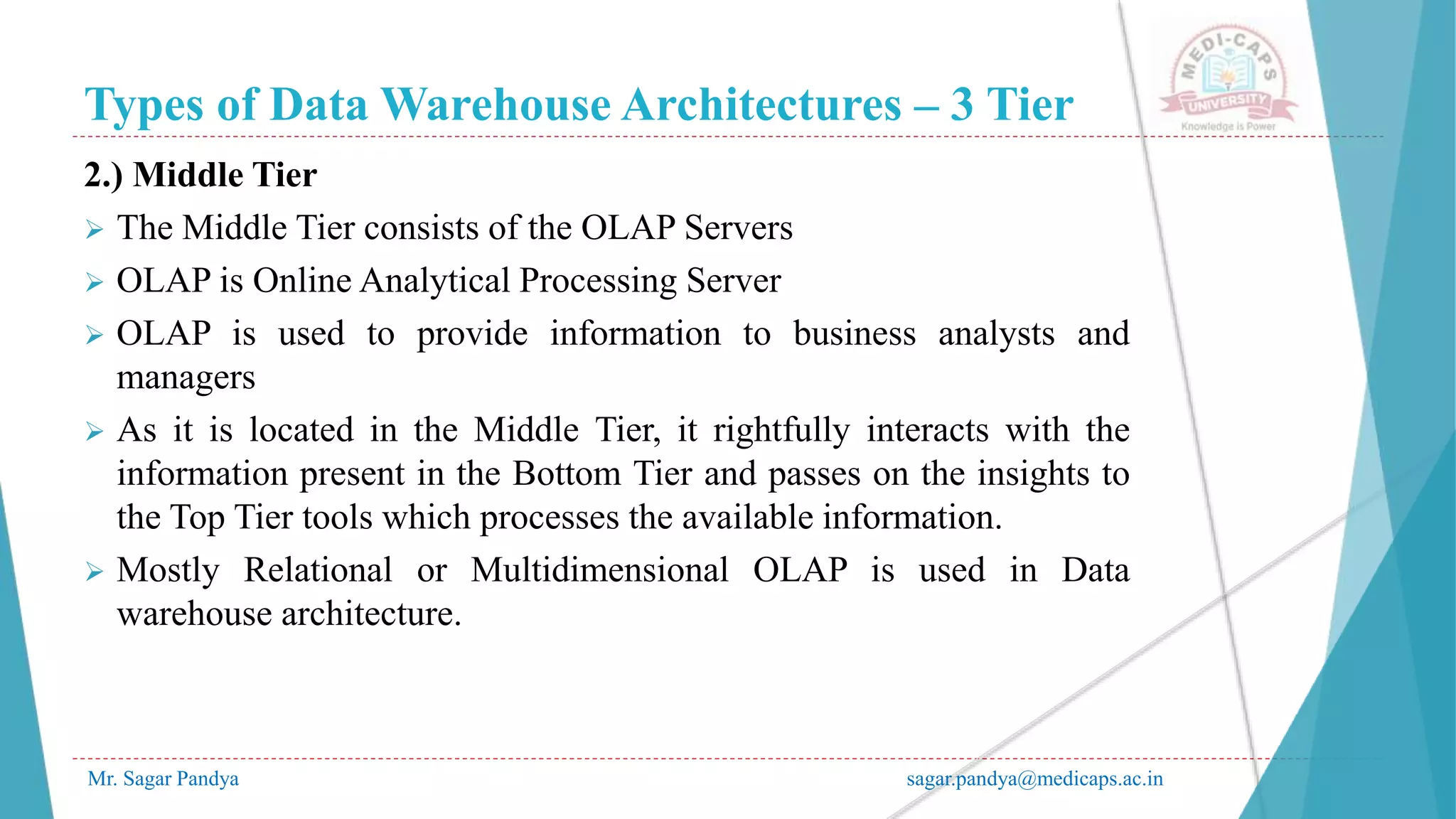 Types of Data Warehouse Architectures – 3 Tier
Mr. Sagar Pandya sagar.pandya@medicaps.ac.in
2.) Middle Tier
 The Middle Tier consists of the OLAP Servers
 OLAP is Online Analytical Processing Server
 OLAP is used to provide information to business analysts and
managers
 As it is located in the Middle Tier, it rightfully interacts with the
information present in the Bottom Tier and passes on the insights to
the Top Tier tools which processes the available information.
 Mostly Relational or Multidimensional OLAP is used in Data
warehouse architecture.
 