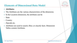 Elements of Dimensional Data Model
Mr. Sagar Pandya sagar.pandya@medicaps.ac.in
 Attributes
 The Attributes are the various characteristics of the dimension.
 In the Location dimension, the attributes can be
• State
• Country
• Zipcode etc.
 Attributes are used to search, filter, or classify facts. Dimension
Tables contain Attributes
 