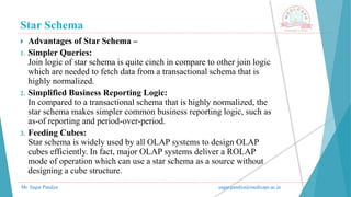 Star Schema
Mr. Sagar Pandya sagar.pandya@medicaps.ac.in
 Advantages of Star Schema –
1. Simpler Queries:
Join logic of star schema is quite cinch in compare to other join logic
which are needed to fetch data from a transactional schema that is
highly normalized.
2. Simplified Business Reporting Logic:
In compared to a transactional schema that is highly normalized, the
star schema makes simpler common business reporting logic, such as
as-of reporting and period-over-period.
3. Feeding Cubes:
Star schema is widely used by all OLAP systems to design OLAP
cubes efficiently. In fact, major OLAP systems deliver a ROLAP
mode of operation which can use a star schema as a source without
designing a cube structure.
 