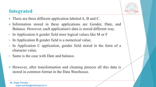 Integrated
Mr. Sagar Pandya
sagar.pandya@medicaps.ac.in
 There are three different application labeled A, B and C.
 Information stored in these applications are Gender, Date, and
Balance. However, each application's data is stored different way.
• In Application A gender field store logical values like M or F
• In Application B gender field is a numerical value,
• In Application C application, gender field stored in the form of a
character value.
• Same is the case with Date and balance.
 However, after transformation and cleaning process all this data is
stored in common format in the Data Warehouse.
 