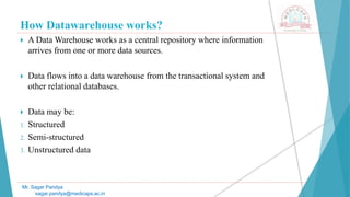 How Datawarehouse works?
 A Data Warehouse works as a central repository where information
arrives from one or more data sources.
 Data flows into a data warehouse from the transactional system and
other relational databases.
 Data may be:
1. Structured
2. Semi-structured
3. Unstructured data
Mr. Sagar Pandya
sagar.pandya@medicaps.ac.in
 