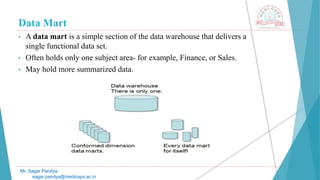 Data Mart
• A data mart is a simple section of the data warehouse that delivers a
single functional data set.
• Often holds only one subject area- for example, Finance, or Sales.
• May hold more summarized data.
Mr. Sagar Pandya
sagar.pandya@medicaps.ac.in
 
