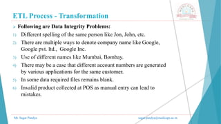 ETL Process - Transformation
Mr. Sagar Pandya sagar.pandya@medicaps.ac.in
 Following are Data Integrity Problems:
1) Different spelling of the same person like Jon, John, etc.
2) There are multiple ways to denote company name like Google,
Google pvt. ltd., Google Inc.
3) Use of different names like Mumbai, Bombay.
4) There may be a case that different account numbers are generated
by various applications for the same customer.
5) In some data required files remains blank.
6) Invalid product collected at POS as manual entry can lead to
mistakes.
 