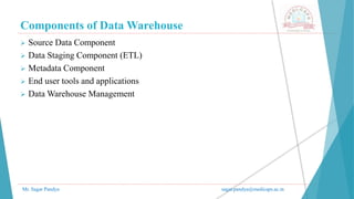 Components of Data Warehouse
Mr. Sagar Pandya sagar.pandya@medicaps.ac.in
 Source Data Component
 Data Staging Component (ETL)
 Metadata Component
 End user tools and applications
 Data Warehouse Management
 