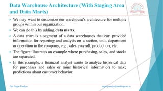 Data Warehouse Architecture (With Staging Area
and Data Marts)
Mr. Sagar Pandya sagar.pandya@medicaps.ac.in
 We may want to customize our warehouse's architecture for multiple
groups within our organization.
 We can do this by adding data marts.
 A data mart is a segment of a data warehouses that can provided
information for reporting and analysis on a section, unit, department
or operation in the company, e.g., sales, payroll, production, etc.
 The figure illustrates an example where purchasing, sales, and stocks
are separated.
 In this example, a financial analyst wants to analyze historical data
for purchases and sales or mine historical information to make
predictions about customer behavior.
 