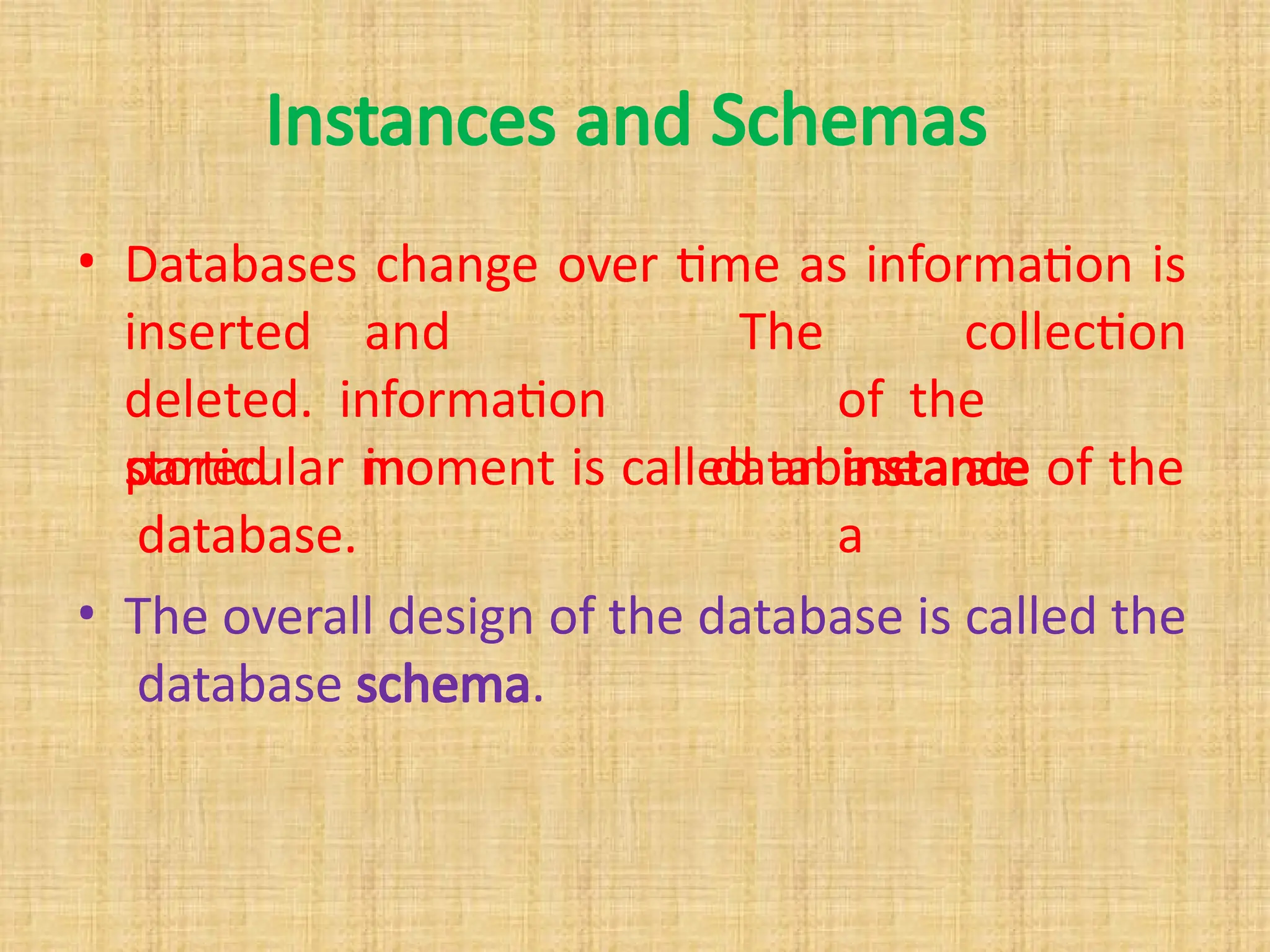 Instances and Schemas
• Databases change over time as information is
inserted and
deleted. information
stored in
The collection
of the
database at
a
particular moment is called an instance of the
database.
• The overall design of the database is called the
database schema.
 